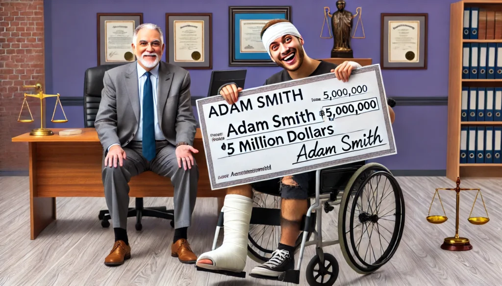 An injured guy in a wheelchair holding a giant check.